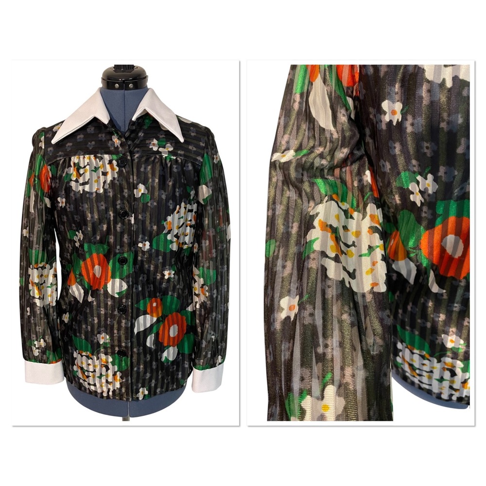 Korell Vintage 70s Floral Sheer Stripe Dagger Collar Blouse Retro Festival Small